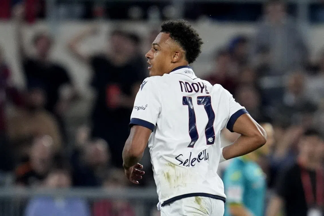 FILE PHOTO: Soccer Football - Coppa Italia - Final - AC Milan v Bologna - Stadio Olimpico, Rome, Italy - May 14, 2025 Bologna's Dan Ndoye celebrates scoring their first goal REUTERS/Matteo Ciambelli/File Photo