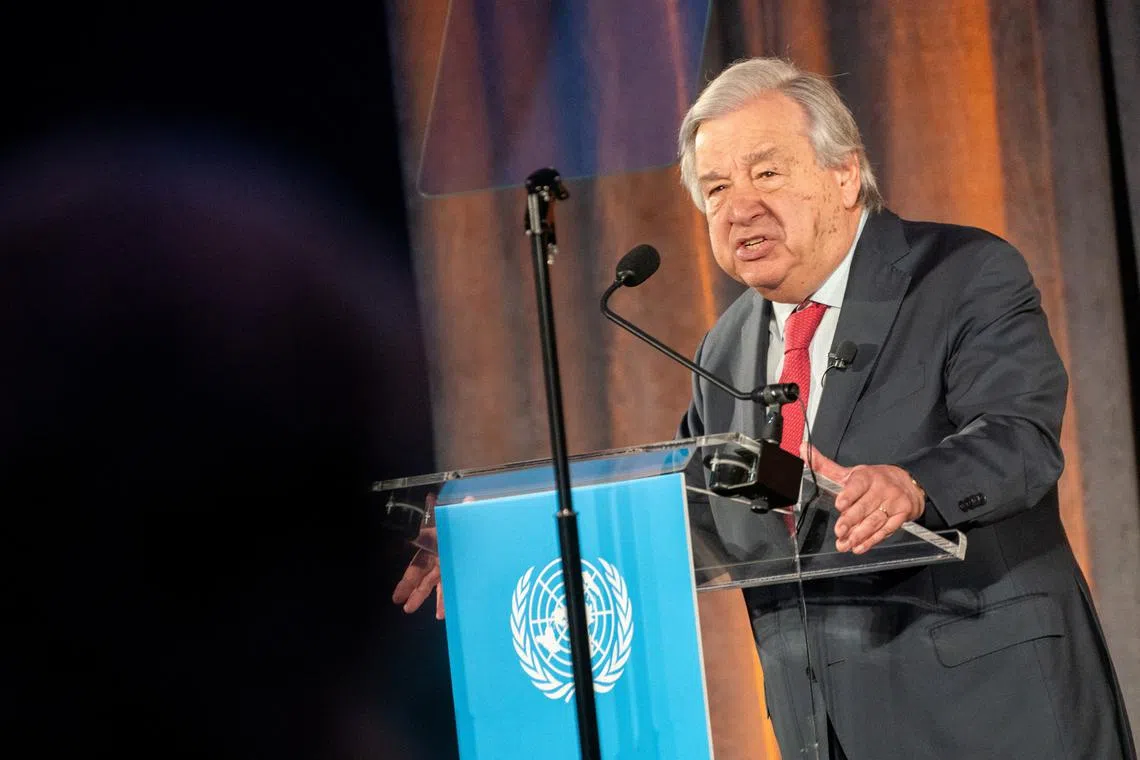 FILE PHOTO: United Nations Secretary-General Antonio Guterres speaks during a Special Envoy on Climate Ambition and Solutions at the American Museum of Natural History in New York City, U.S., June 5, 2024. REUTERS/David Dee Delgado/File Photo