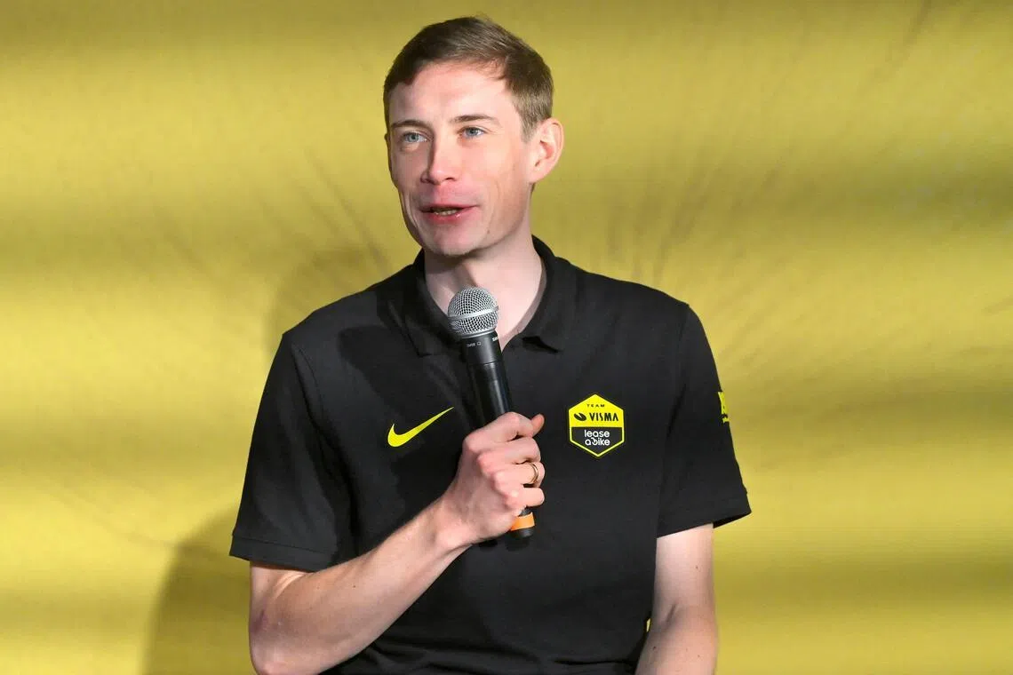 Visma-Lease a bike's Danish rider Jonas Vingegaard speaks at a press conference during the presentation of the Visma-Lease a Bike cycling team at La Nucia.