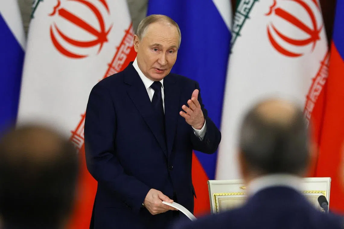 FILE PHOTO: Russian President Vladimir Putin speaks on the day he attends a documents signing ceremony with Iranian President Masoud Pezeshkian in Moscow, Russia January 17, 2025. REUTERS/Evgenia Novozhenina/Pool/ File Photo