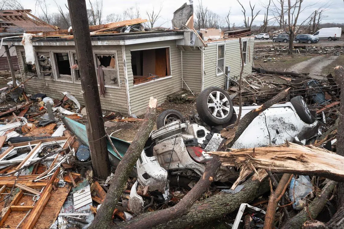 A home destroyed by a tornado in Aroma Park, Illinois, on March 11, 2026. Scientists are concerned about increasingly extreme weather that is happening more often.