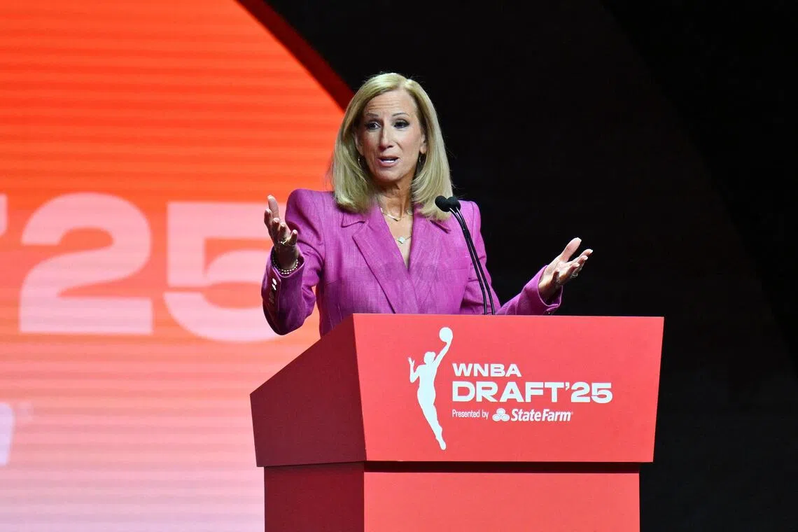 Women’s National Basketball Association (WNBA) commissionner Cathy Engelbert speaking during the 2025 WNBA Draft at the Shed in New York City on April 14, 2025.