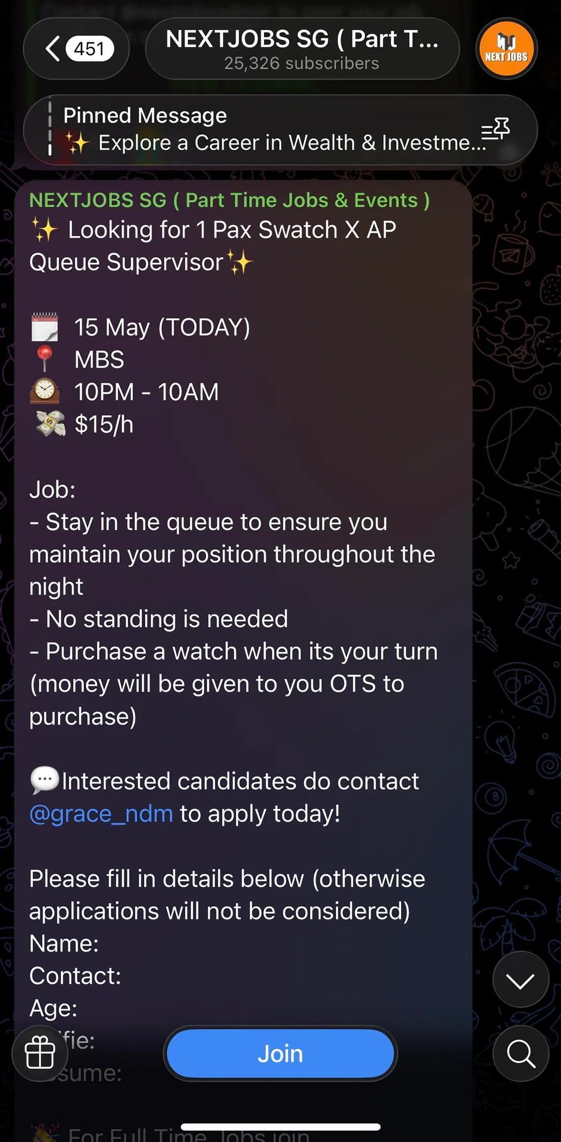 Online job advertisements paying people to queue for the Audemars Piguet x Swatch launch.