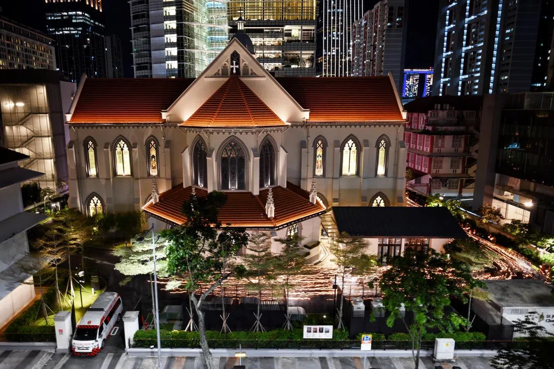  Worshippers at the candlelight procession during a remembrance service to mark Good Friday, the day Christians believe Jesus was crucified as a sacrifice to atone for mankind's sins, held at St. Joseph's Church at Victoria Street on March 29, 2024. Once a year during the Good Friday, the compound of St. Joseph’s Church is transformed into a sea of candlelight, as hundreds descend on the church.