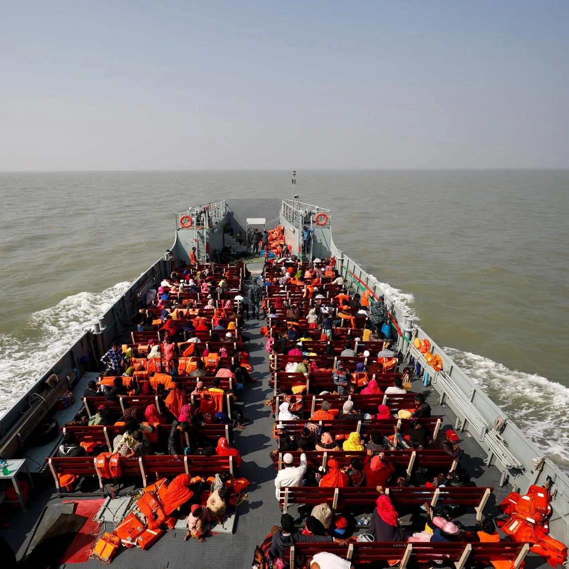 FILE PHOTO: A view of a navy vessel in the Bay of Bengal, carrying Rohingya refugees to the Bhasan Char island in Noakhali district, Bangladesh, December 29, 2020. REUTERS/Mohammad Ponir Hossain/File Photo