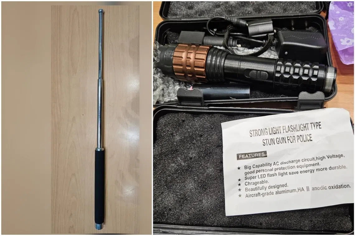 A man was arrested after allegedly being found to have 10 batons and two stun devices, as well as other contraband.