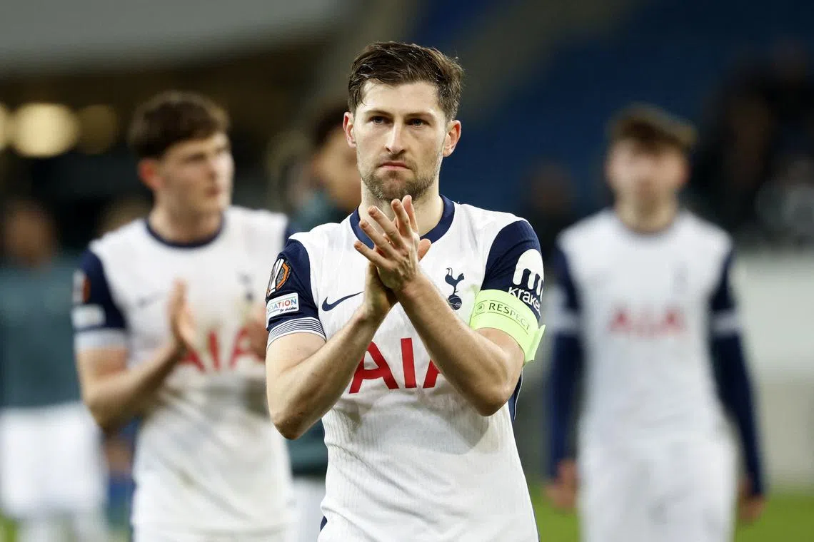 FILE PHOTO: Soccer Football - Europa League - TSG 1899 Hoffenheim v Tottenham Hotspur - PreZero Arena, Sinsheim, Germany - January 23, 2025 Tottenham Hotspur's Ben Davies celebrates after the match REUTERS/Heiko Becker/File Photo