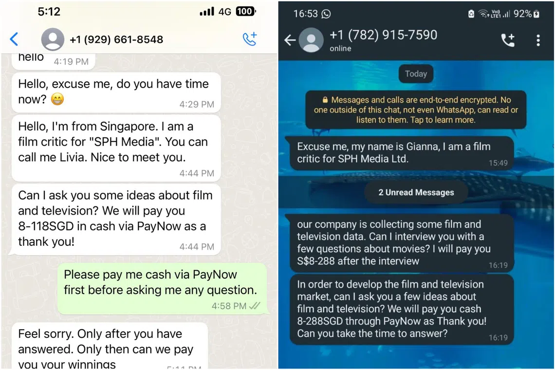 Scammers claiming to be film critics from SPH Media promised rewards of between $8 and $288 to users who answered their questions on WhatsApp.
