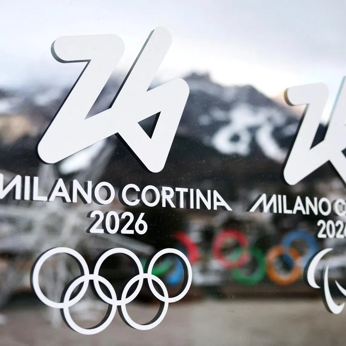 Milano Cortina Winter Olympic Games logos, ahead of Milano Cortina Winter Olympics 2026, in Cortina d’Ampezzo, Italy, December 16, 2025. REUTERS/Claudia Greco/File Photo