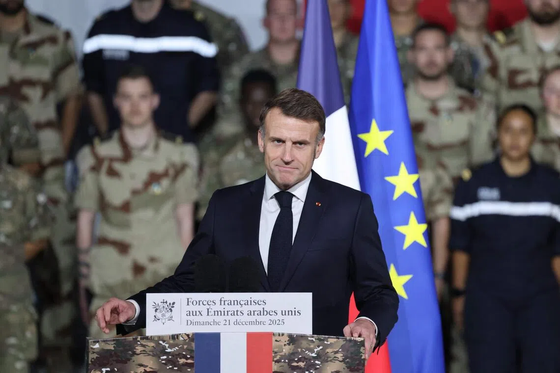French President Emmanuel Macron addressing French troops near Abu Dhabi, on Dec 21.