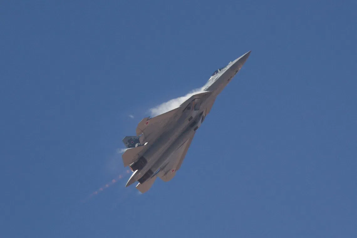 A Russian Sukhoi Su-57 stealth fighter jet on display during the second International Air Show and Aerospace Expo at El Alamein International Airport in El Alamein, Egypt, September 9, 2026. Egypt is hosting the event from September 8 to 10, 2026, with more than 100 aircraft expected to participate in flying and static displays. REUTERS/Amr Abdallah Dalsh