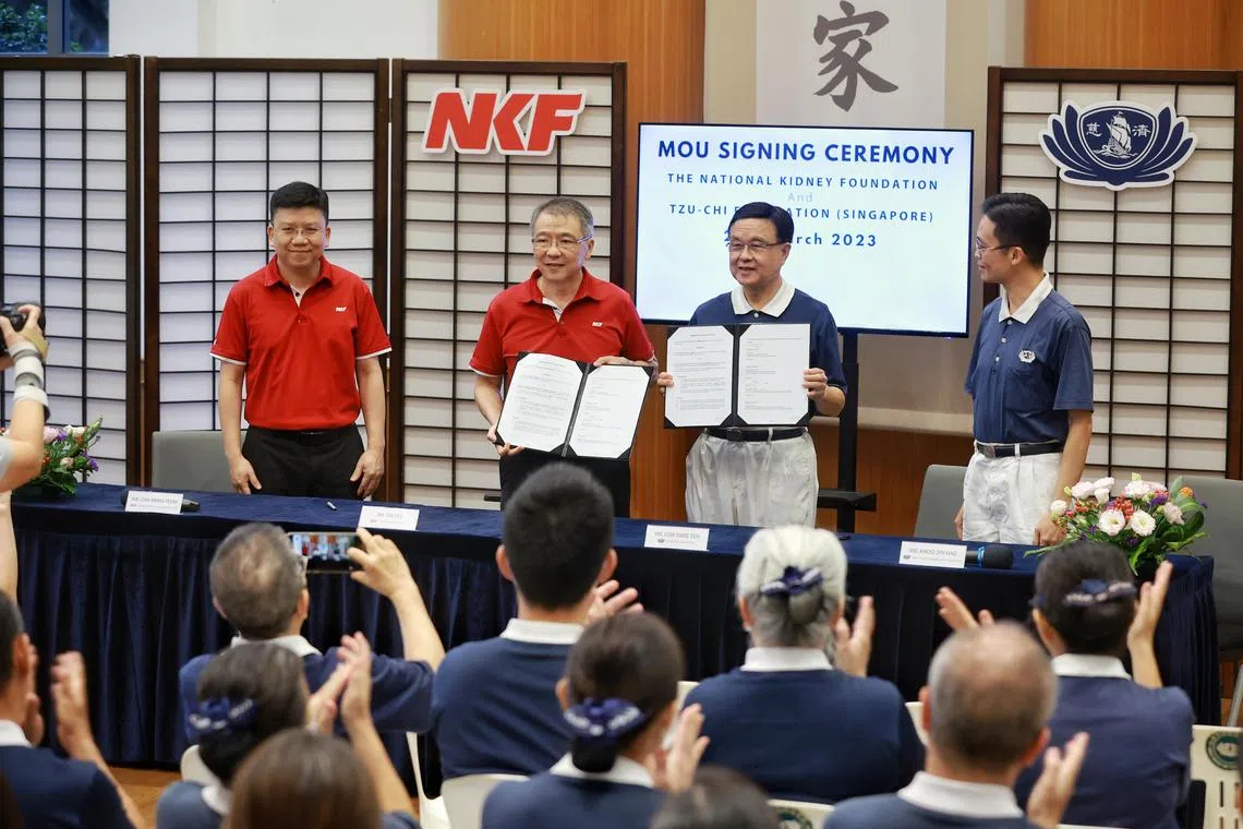(From left) NKF senior director of corporate services Chia Miang Yeow and CEO Tim Oei with Tzu-Chi Foundation CEO Low Swee Seh and charity development department head Khoo Jyh Hao at the MOU ceremony on March 29, 2023. 