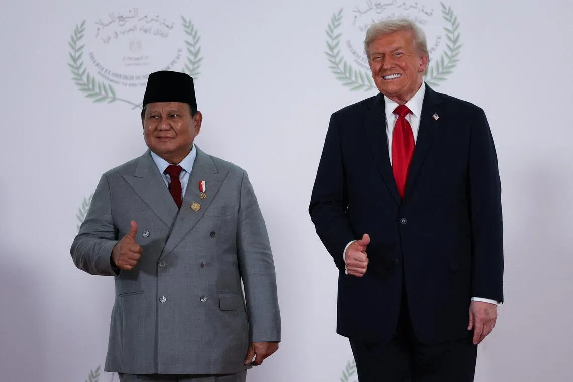 Indonesian President Prabowo Subianto and US President Donald Trump at a world leaders' summit on ending the Gaza war in Egypt in October 2025.