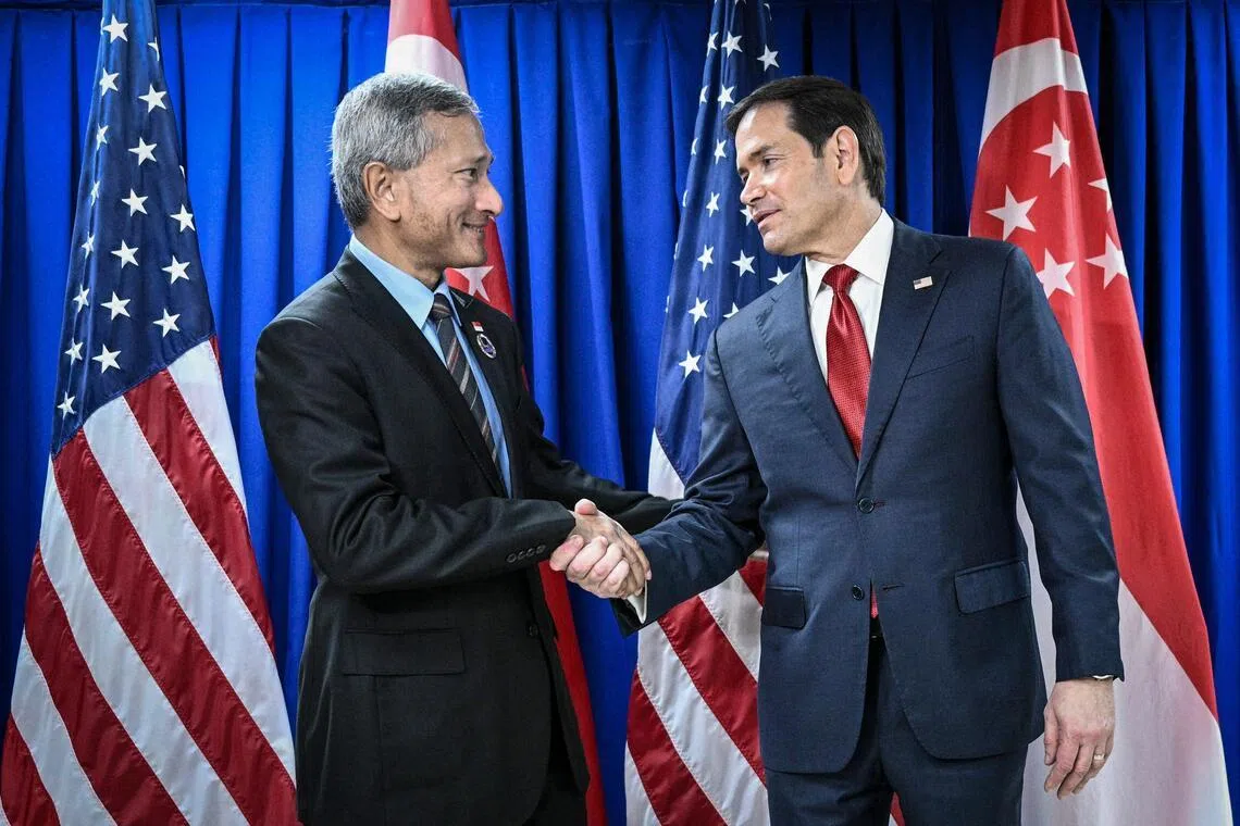 Singapore’s Foreign Minister Vivian Balakrishnan (left) meets with US Secretary of State Marco Rubio on the sidelines of the ASEAN Foreign Ministers Meeting in Pasay, Metro Manila on July 23.