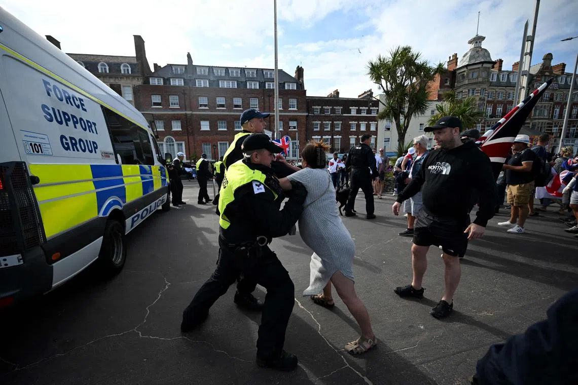 A demonstration by far-right activists in Weymouth, England, on Aug 4.
