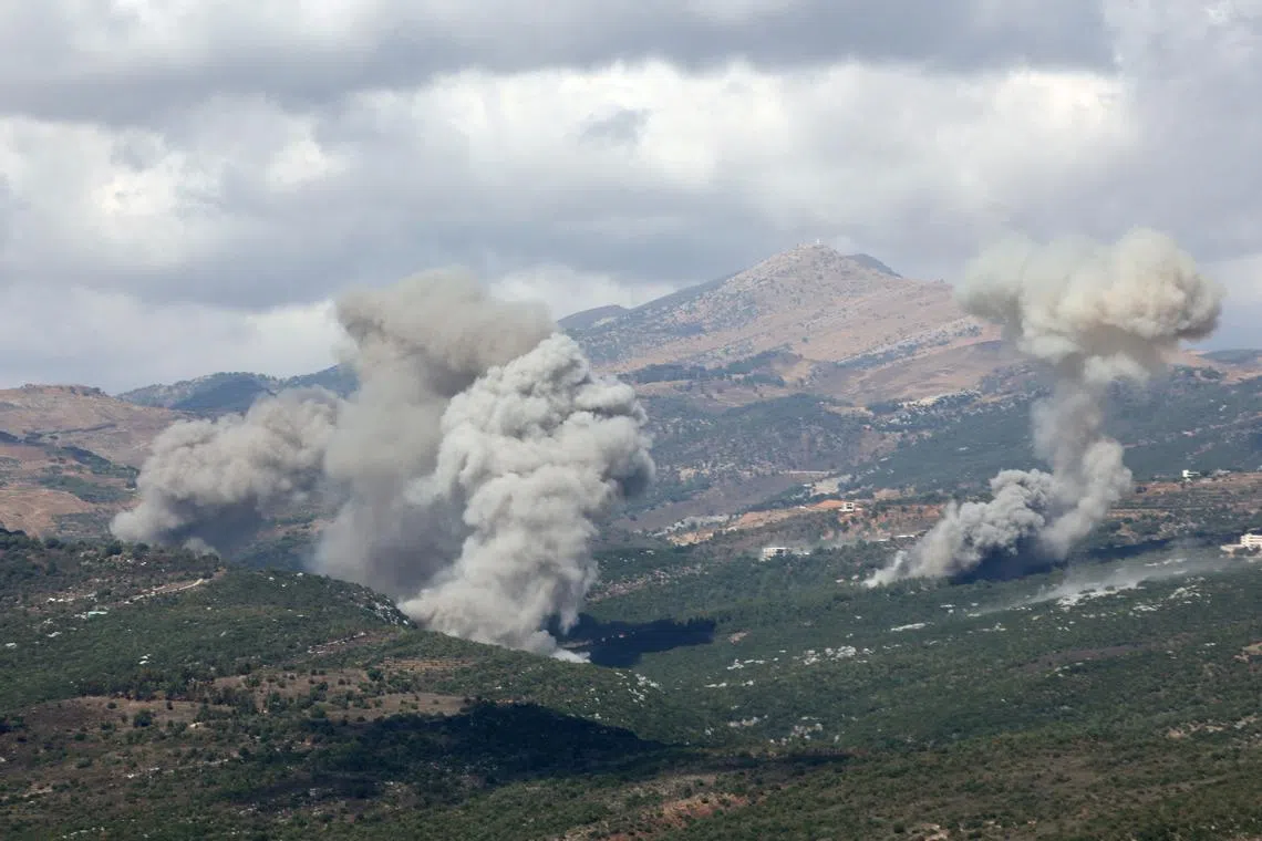 Smoke rises from Jabal al-Rihan, amid ongoing cross-border hostilities between Hezbollah and Israeli forces, as pictured from Marjayoun, near the border with Israel, September 21, 2024. REUTERS/Karamallah Daher