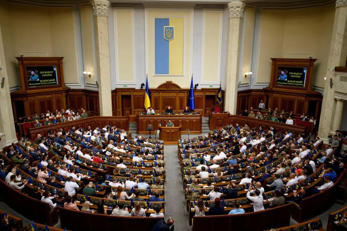 FILE PHOTO: Ukrainian President Volodymyr Zelenskiy addresses parliament, in Kyiv, Ukraine, June 28, 2023. Ukrainian Presidential Press Service/Handout via REUTERS/File Photo
