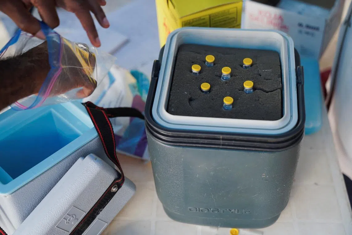 FILE PHOTO: Mpox vaccine bottles stand in a package, at Federal Medical Center in Abuja, Nigeria November 18, 2024. REUTERS/Marvellous Durowaiye/File Photo