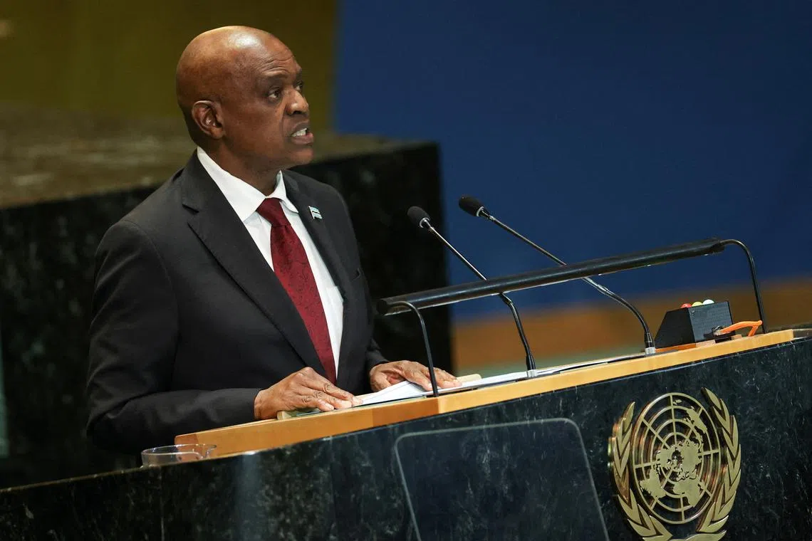 FILE PHOTO: Mokgweetsi Eric Keabetswe Masisi, President of Botswana addresses the \"Summit of the Future\" in the General Assembly Hall of the United Nations Headquarters in New York City, U.S., September 23, 2024. REUTERS/Caitlin Ochs/File Photo