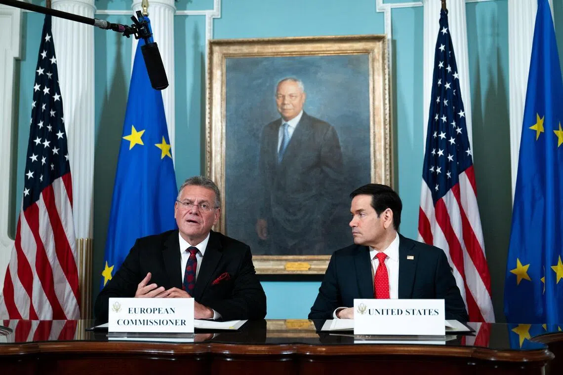 European Union Trade Commissioner Maros Sefcovic (left) speaking alongside US Secretary of State Marco Rubio, as they sign a memorandum of understanding for a strategic partnership on critical minerals in Washington, on April 24.
