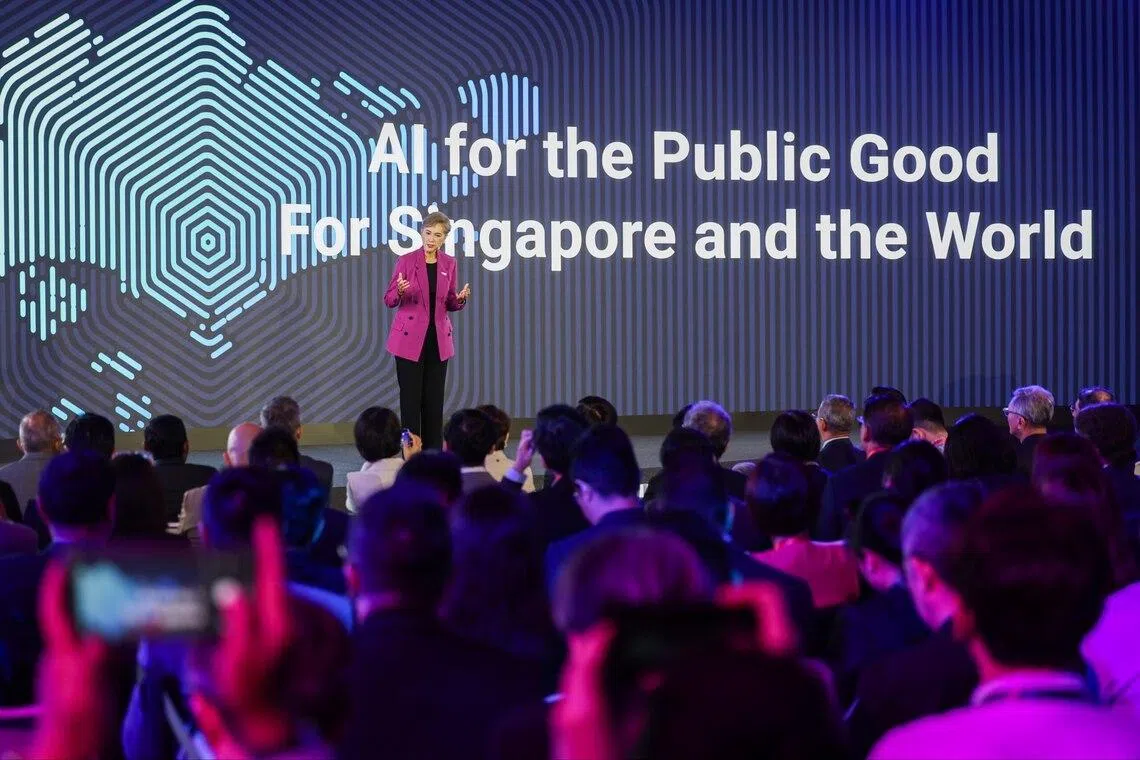 Minister of Digital Development and Information Josephine Teo giving the opening keynote address on the first day of ATxSummit on May 20.