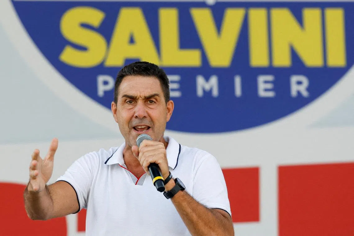 FILE PHOTO: General Roberto Vannacci speaks on stage at the annual League party rally in Pontida, Italy, September 21, 2025. REUTERS/Remo Casilli/File Photo