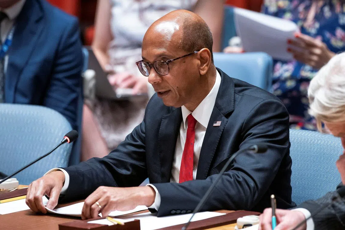 Deputy U.S. Ambassador to the U.N. Robert Wood addresses members of the United Nations Security Council during a meeting on the situation in Middle East and Palestine, at the United Nations headquarters in New York, U.S., May 29, 2024.  REUTERS/Eduardo Munoz/File Photo