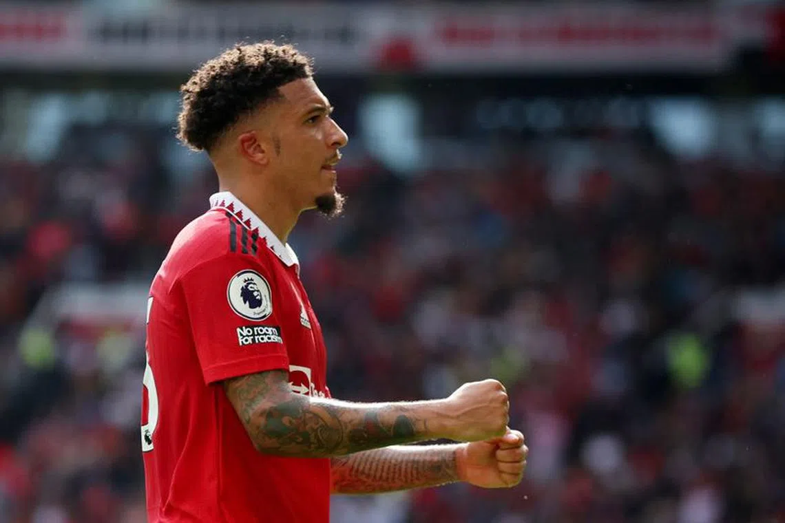 FILE PHOTO-Soccer Football - Premier League - Manchester United v Fulham - Old Trafford, Manchester, Britain - May 28, 2023 Manchester United's Jadon Sancho celebrates scoring their first goal REUTERS/Phil Noble/File Photo