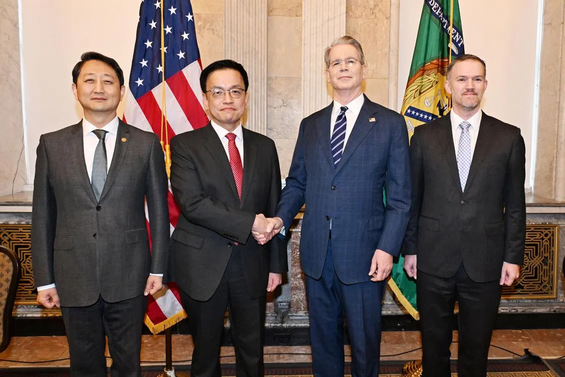 (From left) South Korean Trade Minister Ahn Duk-geun and Finance Minister Choi Sang-mok with US Treasury Secretary Scott Bessent and US Trade Representative Jamieson Greer before their trade talks in Washington on April 24.