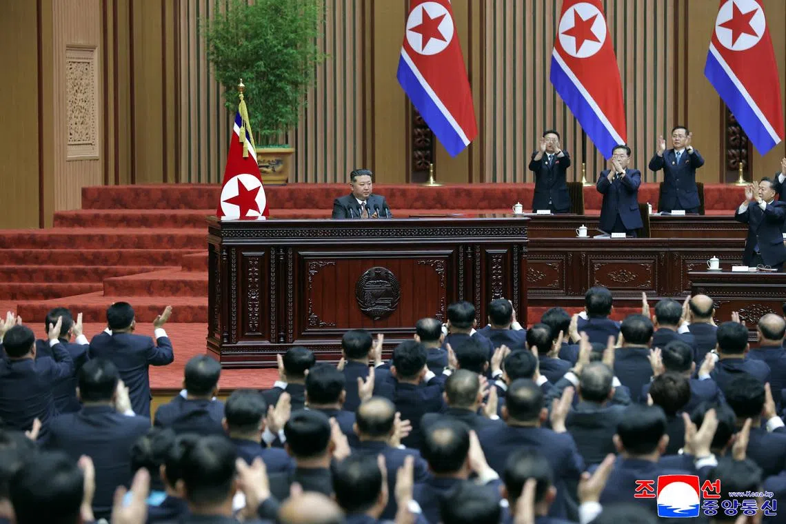 North Korean leader Kim Jong Un attends the second day of the first session of the Supreme People's Assembly in Pyongyang, North Korea, March 23, 2026, in this picture released by North Korea's official Korean Central News Agency. KCNA via REUTERS