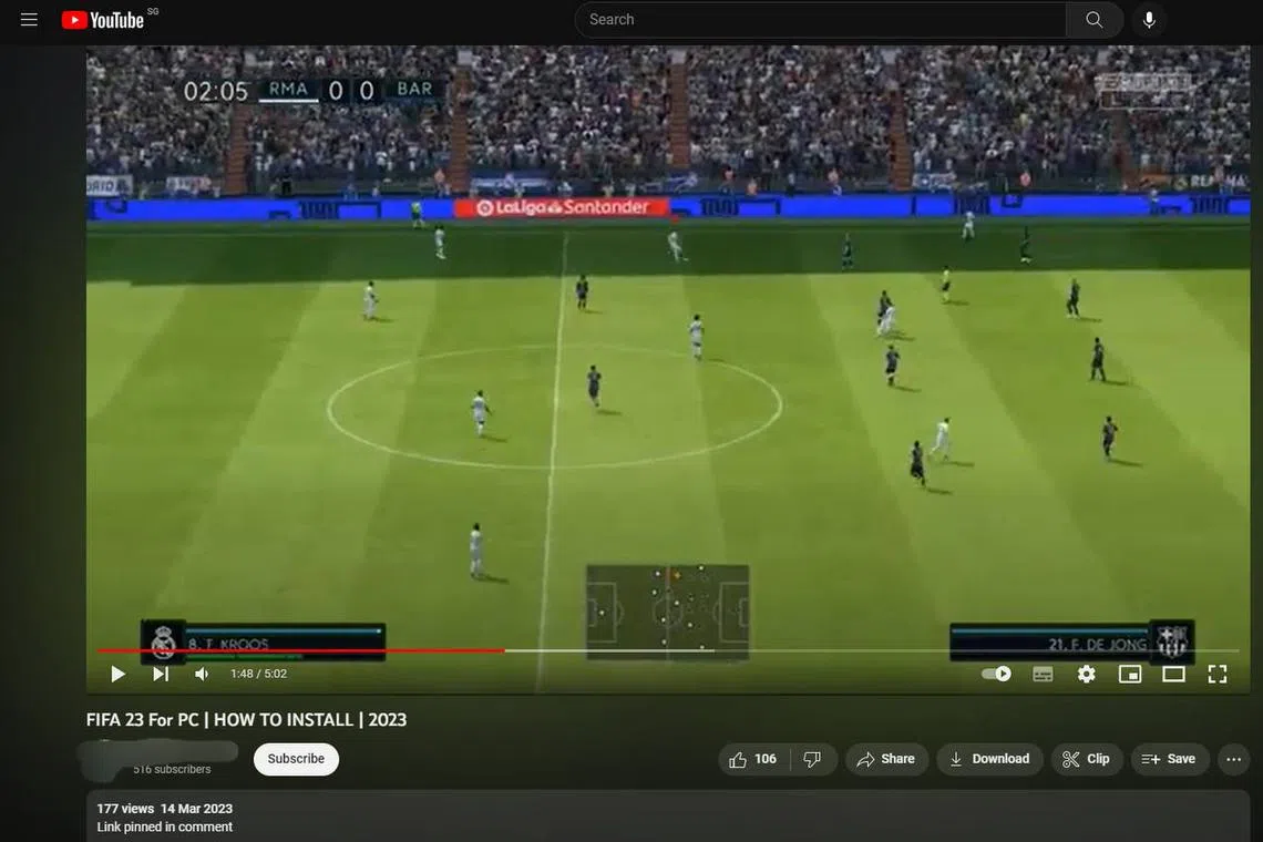 Screengrab of a scam video disguised as a Fifa 23 guide 