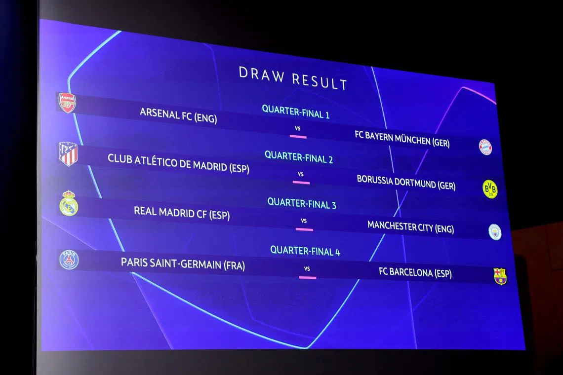 Soccer Football - Champions League - Draw For Quarter Final, Semi Final and Final - UEFA Headquarters, Nyon, Switzerland - March 15, 2024 General view of the Champions League quarter final draw on the big screen REUTERS/Denis Balibouse