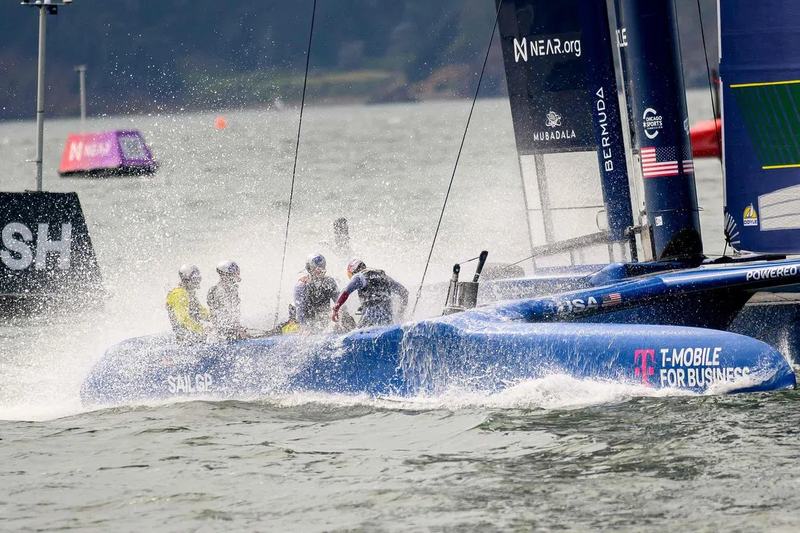 United States SailGP team with driver Jimmy Spithill at the finish line during the Mubadala SailGP Season 3 Grand Final Day 1 in San Francisco on May 6, 2023.