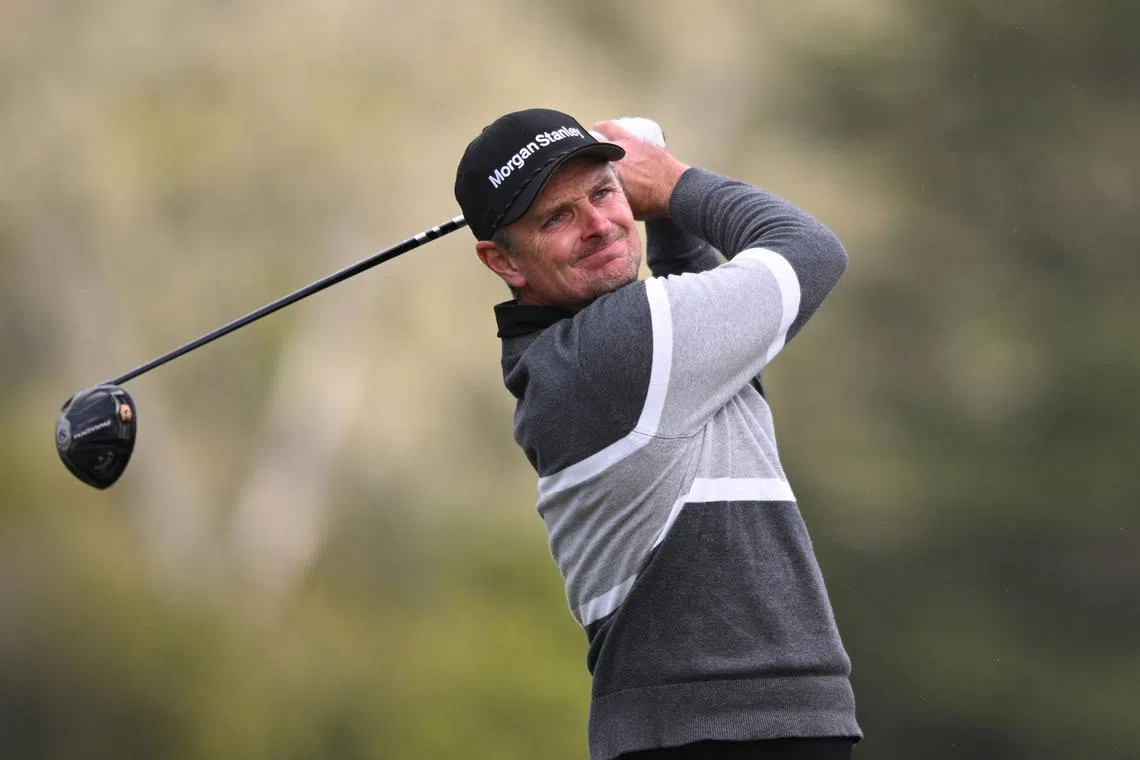 England's Justin Rose plays his shot from the third tee during the final round in Pebble Beach, California, on Feb 5.
