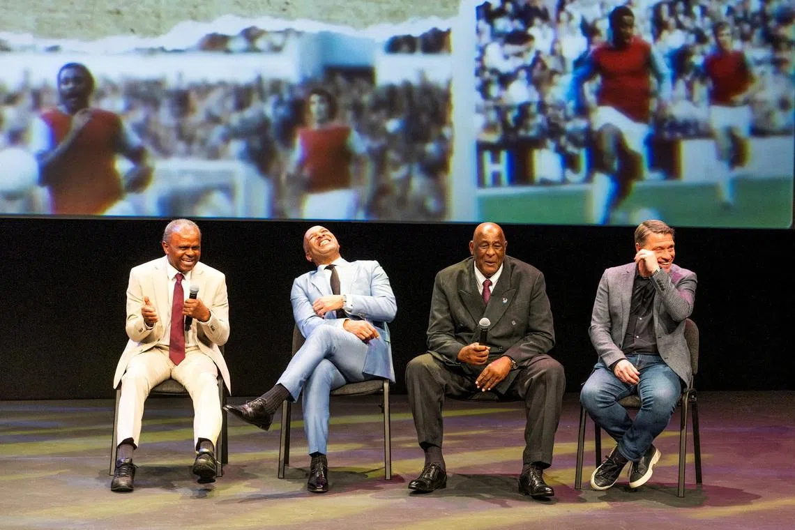 Ade Coker, Les Ferdinand, Clyde Best and Tony Cottee attend a film premiere of \"Transforming the Beautiful Game: The Clyde Best Story\" at Sadler's Wells theatre, in London, Britain, March 26, 2026. REUTERS/Martyn Herman