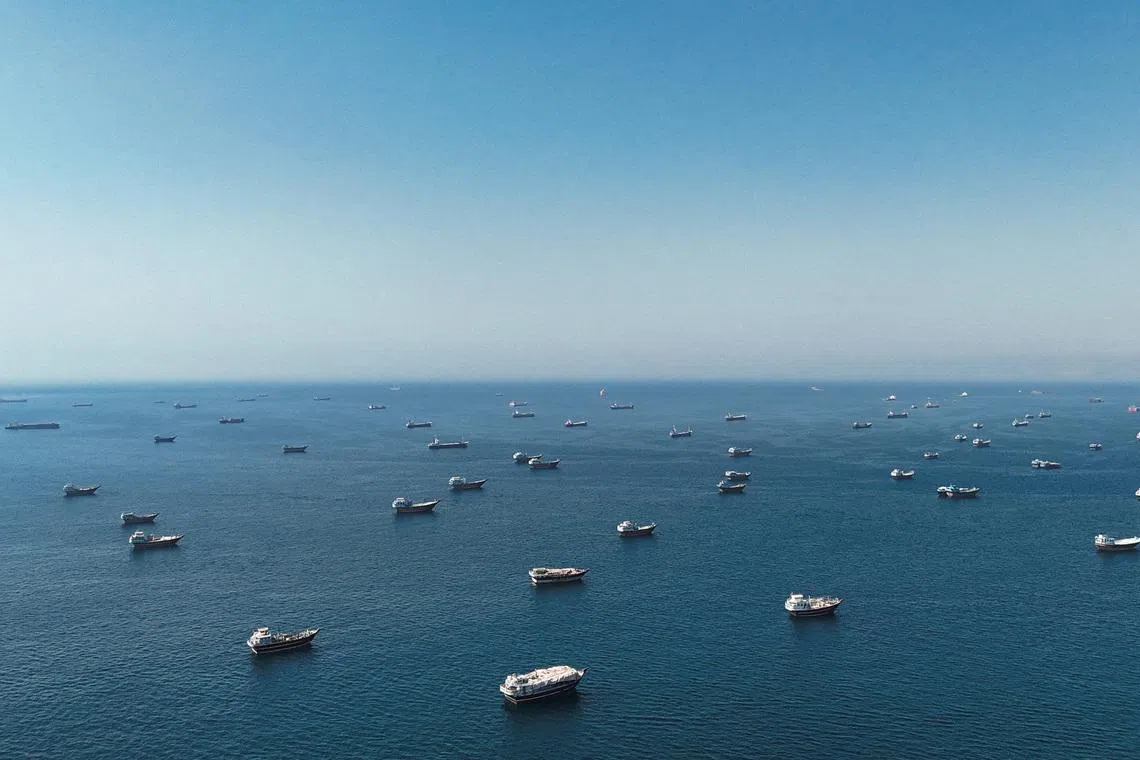 A drone view shows vessels at the Strait of Hormuz, as seen from Musandam, Oman, June 1, 2026. REUTERS/Stringer     TPX IMAGES OF THE DAY