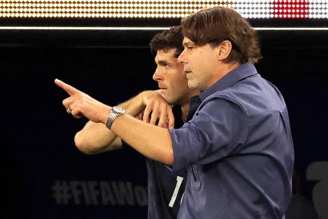 US coach Mauricio Pochettino giving instructions to Christian Pulisic before he comes on as a substitute during the 3-2 World Cup defeat by Turkey at SoFi Stadium in Los Angeles on June 25.