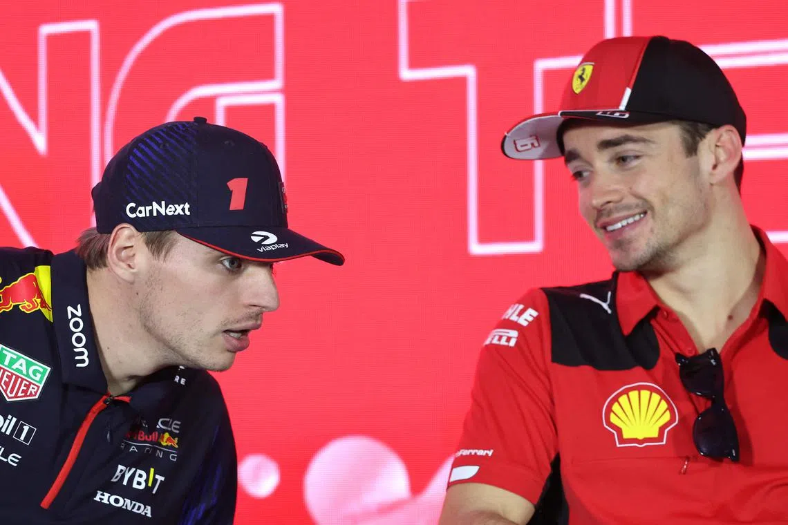 Red Bull's Max Verstappen (left) and Ferrari's Charles Leclerc attend a press conference on day three of testing in Bahrain.