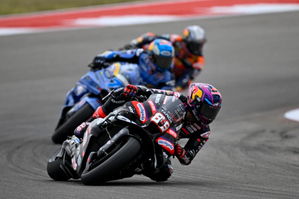 Mar 28, 2026; Austin, TX, USA; Aprilia Racing Team Jorge Martin (89) rides during practice and qualifying for the 2026 Red Bull Grand Prix of the United States at Circuit of The Americas Austin. Mandatory Credit: Jerome Miron-Imagn Images