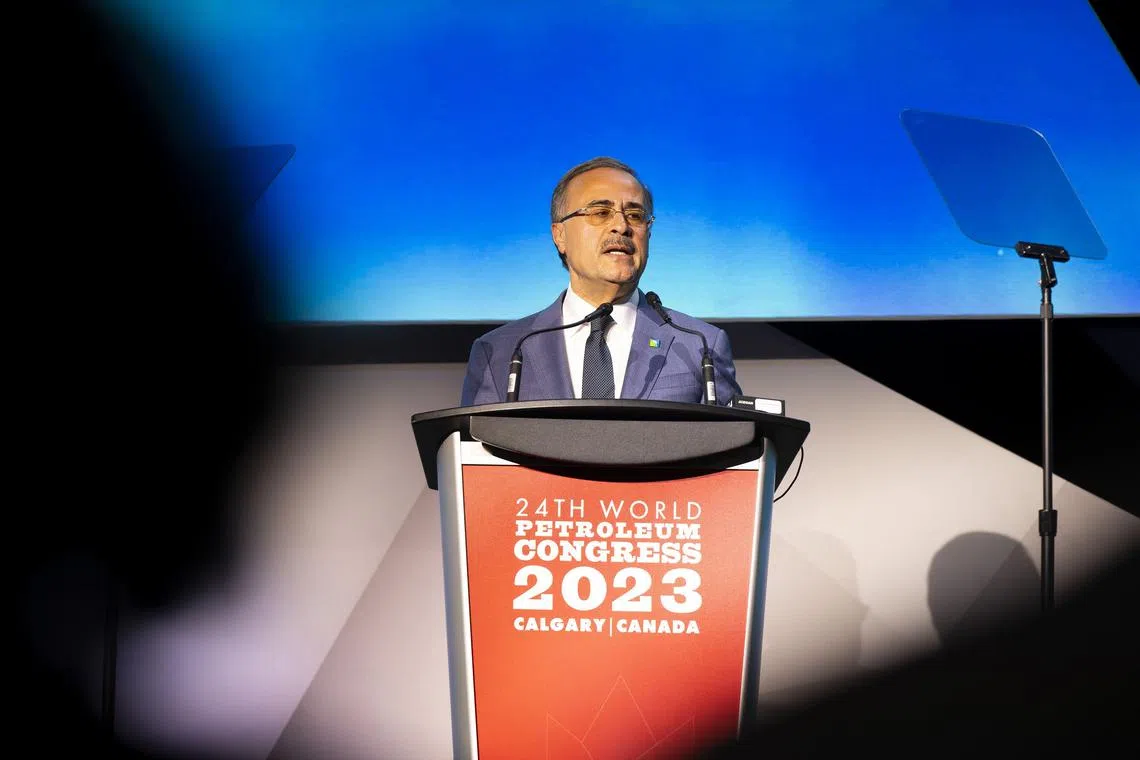 Amin Nasser, chief executive officer of Saudi Aramco, speaks during the 24th World Petroleum Congress in Calgary, Alberta, Canada, on Monday, Sept. 18, 2023. The conference includes about 500 speakers who will tackle topics including decarbonizing hydrogen production and indigenous participation in net zero efforts. Photographer: Gavin John/Bloomberg