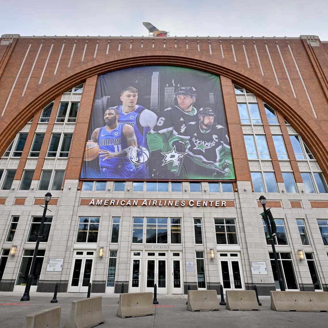 Oct 2, 2026; Dallas, Texas, USA; A view of the arena and the team banner featuring photos of Dallas Stars right wing Mikko Rantanen (96) and left wing Jamie Benn (14) and Dallas Mavericks players Cooper Flagg and Kyrie Irving before the game between the Dallas Stars and the St. Louis Blues at the American Airlines Center. Mandatory Credit: Jerome Miron-Imagn Images