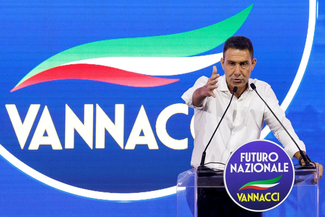 FILE PHOTO: Former Italian general Roberto Vannacci delivers his speech at the end of the national assembly of his far-right Futuro Nazionale party, in Rome, Italy, June 14,  2026. REUTERS/Remo Casilli/File Photo