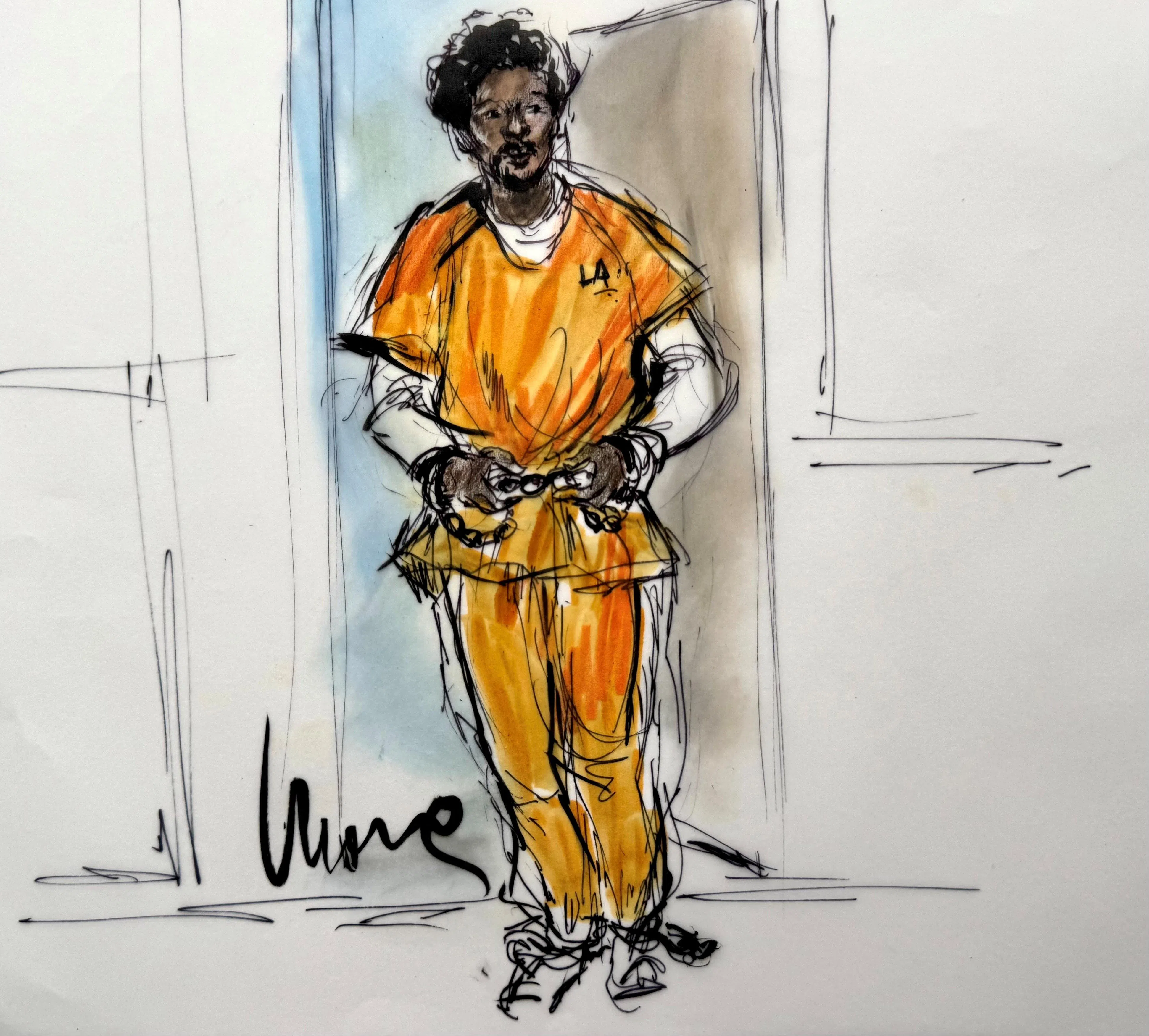 Indie pop singer D4vd, accused of fatally stabbing and dismembering his 14-year-old girlfriend after she threatened to go public with their relationship, attends a status hearing in the case in Los Angeles, California, U.S., May 12, 2026, in a courtroom sketch. REUTERS/Mona Edwards
NO RESALES. NO ARCHIVES. MANDATORY CREDIT