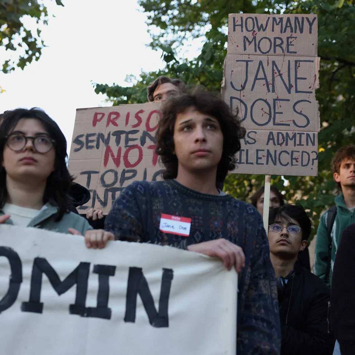 People attend a Justice for Survivors rally outside of the Day Hall administrative building at Cornell University in Ithaca, New York, US, October 5, 2026. REUTERS/Lauren Petracca