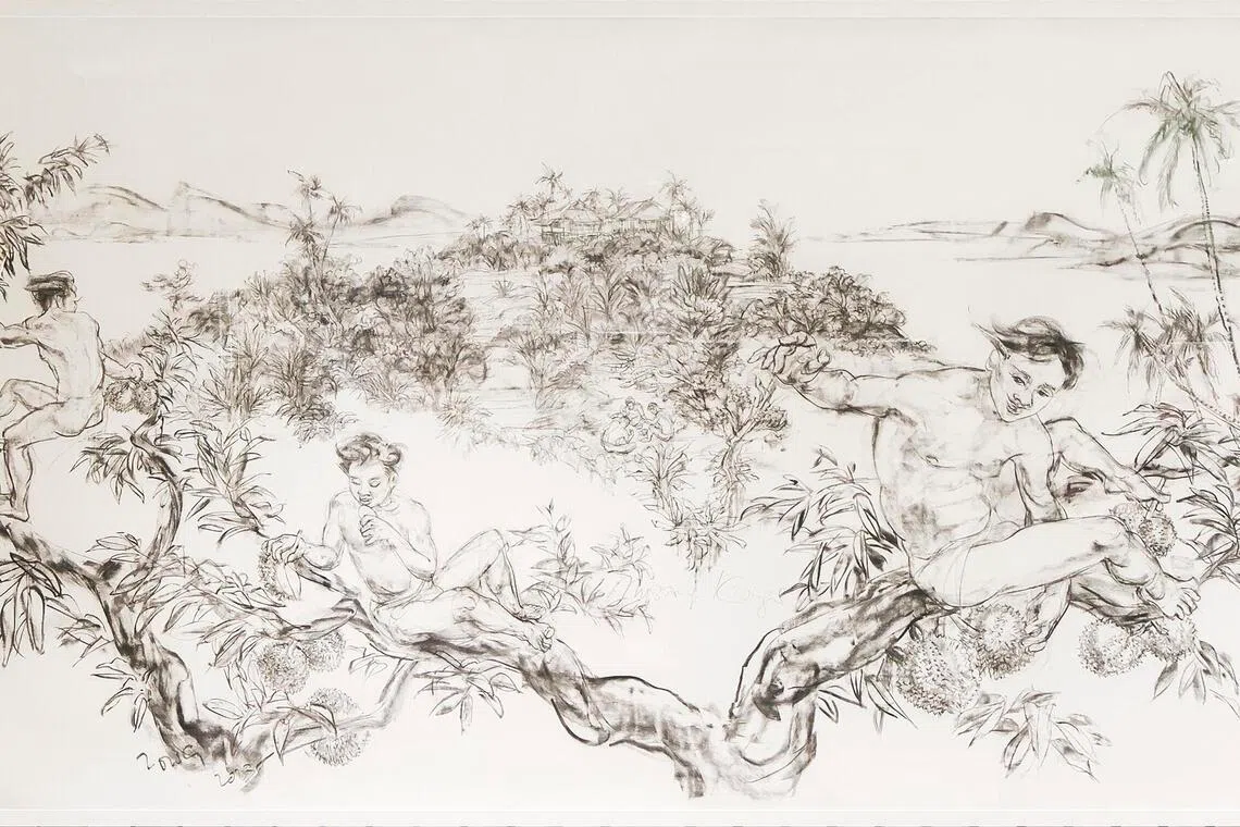 Singapore artist Jimmy Ong's Musang Kings is a charcoal sketch. 
 
