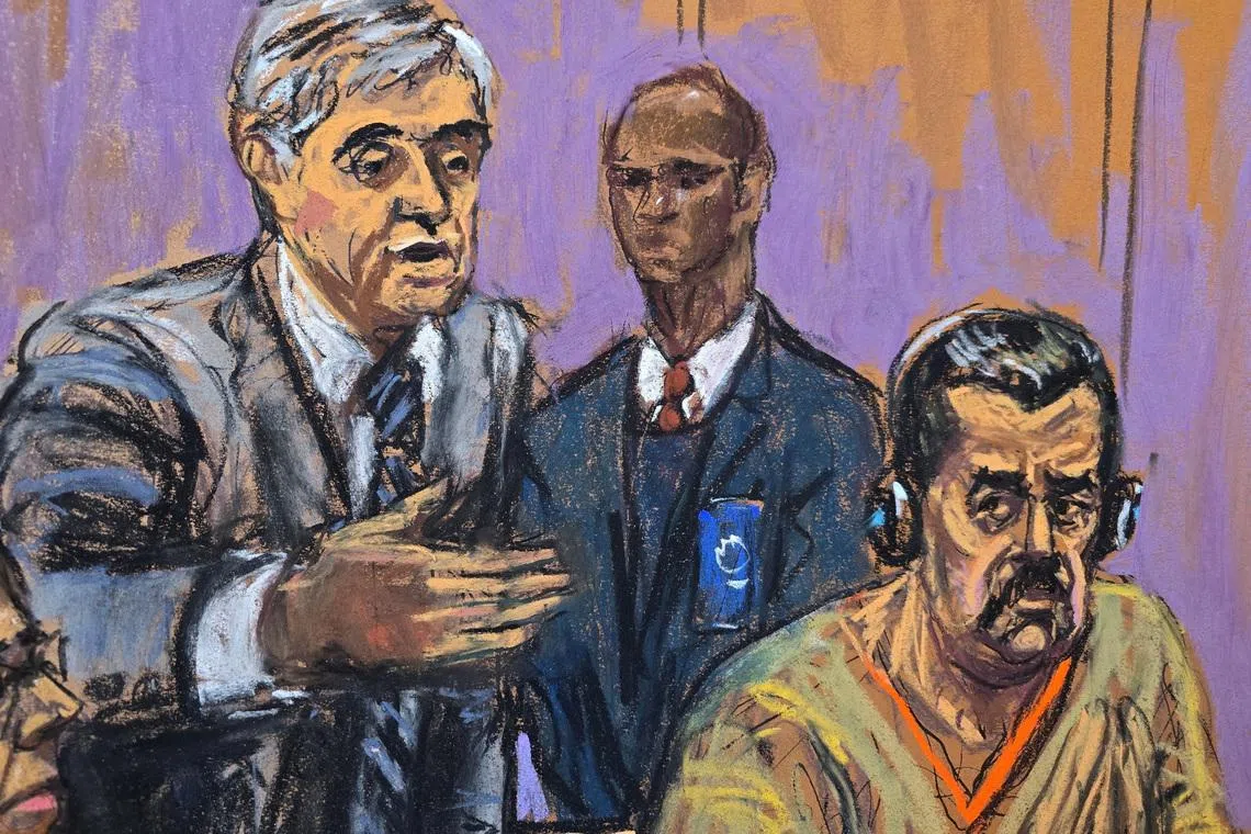 Ousted Venezuelan President Nicolas Maduro with his lawyer, Barry Pollack, attend a hearing in a narco-terrorism case accusing him of running a cartel of Venezuelan officials that flooded the U.S. with cocaine, at the Daniel Patrick Moynihan United States Court House in New York City, U.S., March 26, 2026 in this courtroom sketch.   REUTERS/Jane Rosenberg