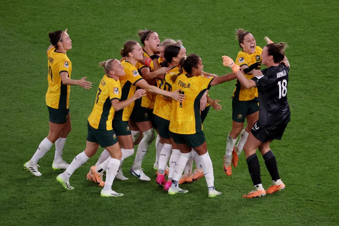 Australia celebrate after their thrilling penalty shoot-out win over France in the Women's World Cup quarter-finals.