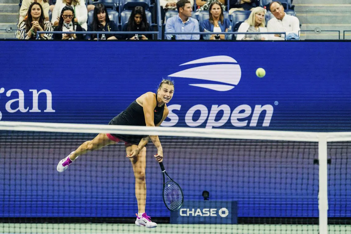 Aryna Sabalenka of Belarus during her US Open quarter-final clash against China's Zheng Qinwen. She won 6-1, 6-2 and will meet American Emma Navarro next in the last four.