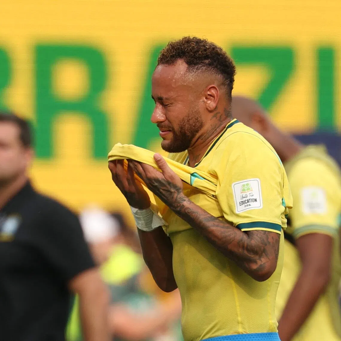 Brazil forward Neymar reacting after they were booted out of the World Cup by Norway on July 5.