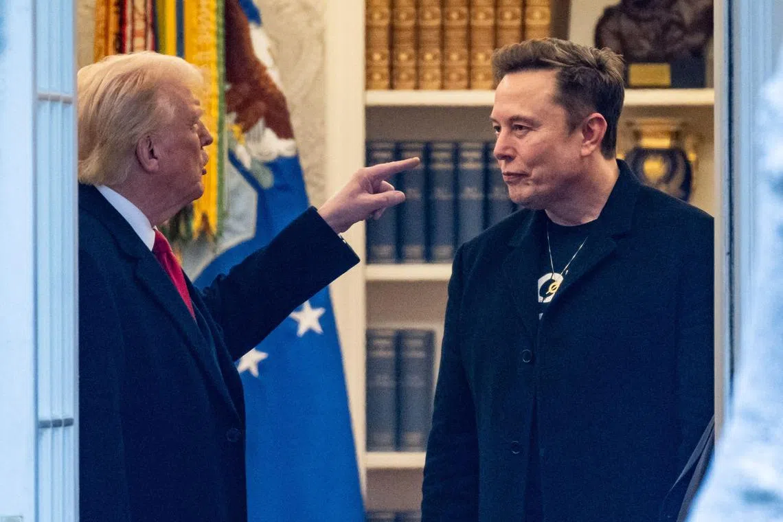(FILES) US President Donald Trump and Elon Musk (R) speak in the Oval Office before departing the White House in Washington, DC, on the way to Trump's residence at Mar-a-Lago in Palm Beach, Florida on March 14, 2025. Trump and Musk's unlikely political marriage exploded in a fiery public divorce on June 5, 2025. The President Trump said in a televised Oval Office diatribe that he was "very disappointed" after his former aide and top donor criticized his "big, beautiful" spending bill before Congress. The pair then hurled insults at each other on social media -- with Musk even posting, without proof, that Trump was referenced in government documents on disgraced financier and sex offender Jeffrey Epstein. (Photo by ROBERTO SCHMIDT / AFP)